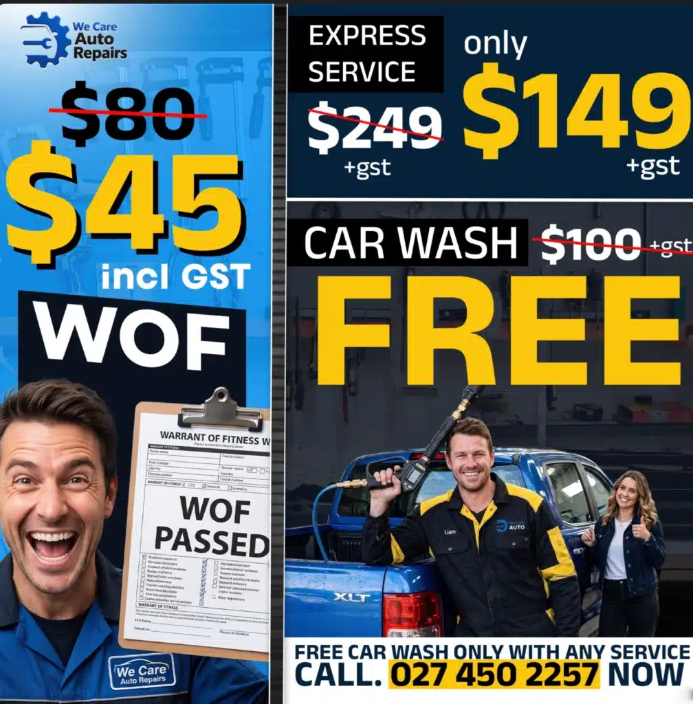 We Care Auto Repairs offer: $45 WOF, $149 express service and a free car wash
